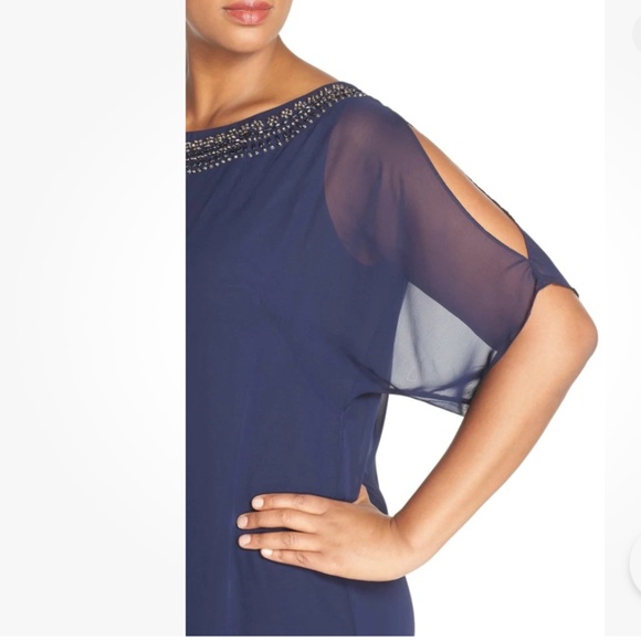 Xscape Embellished Split Sleeve Chiffon Shift Dress Navy Size 18W Cocktail - Picture 4 of 15